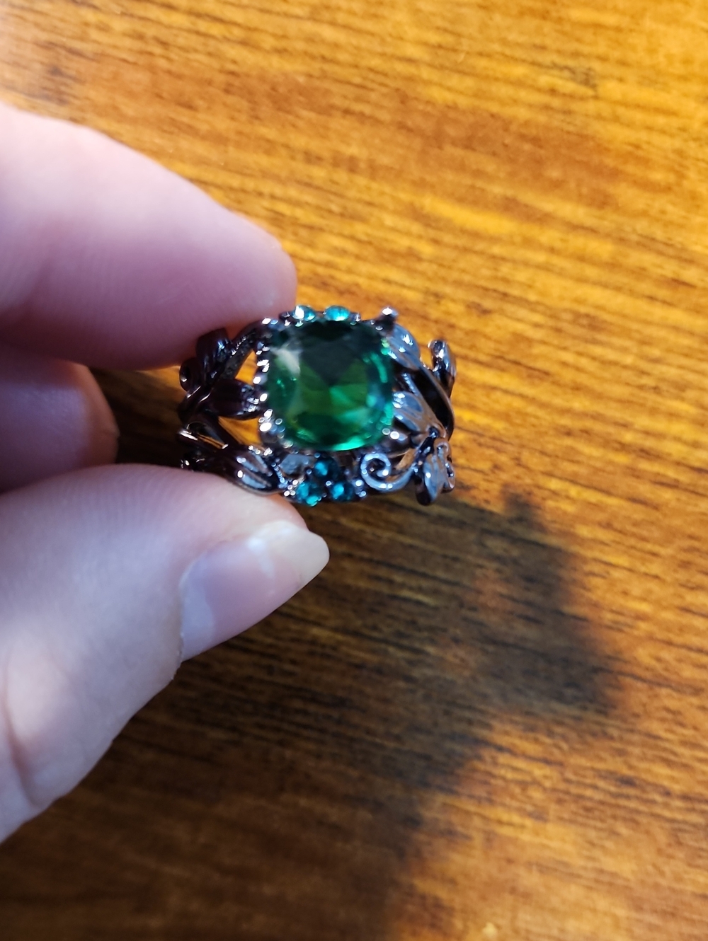 Vintage Gunmetal Ring With Synthetic Emerald - Dainty Black Rose Branch Design,